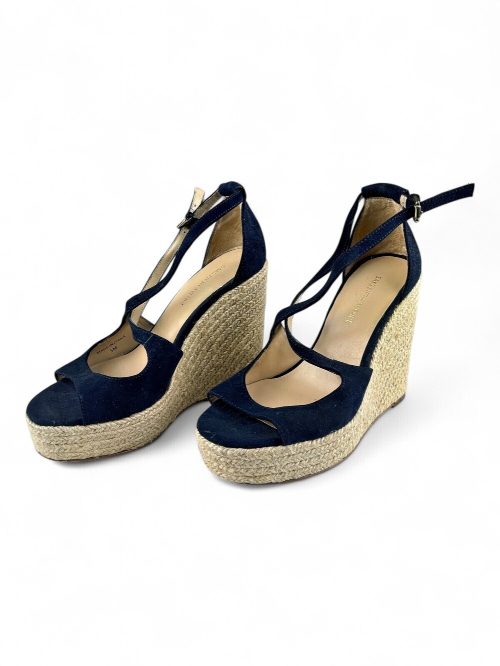 Saks Fifth Avenue Navy Suede Espadrille Wedge Sandals Sz 5